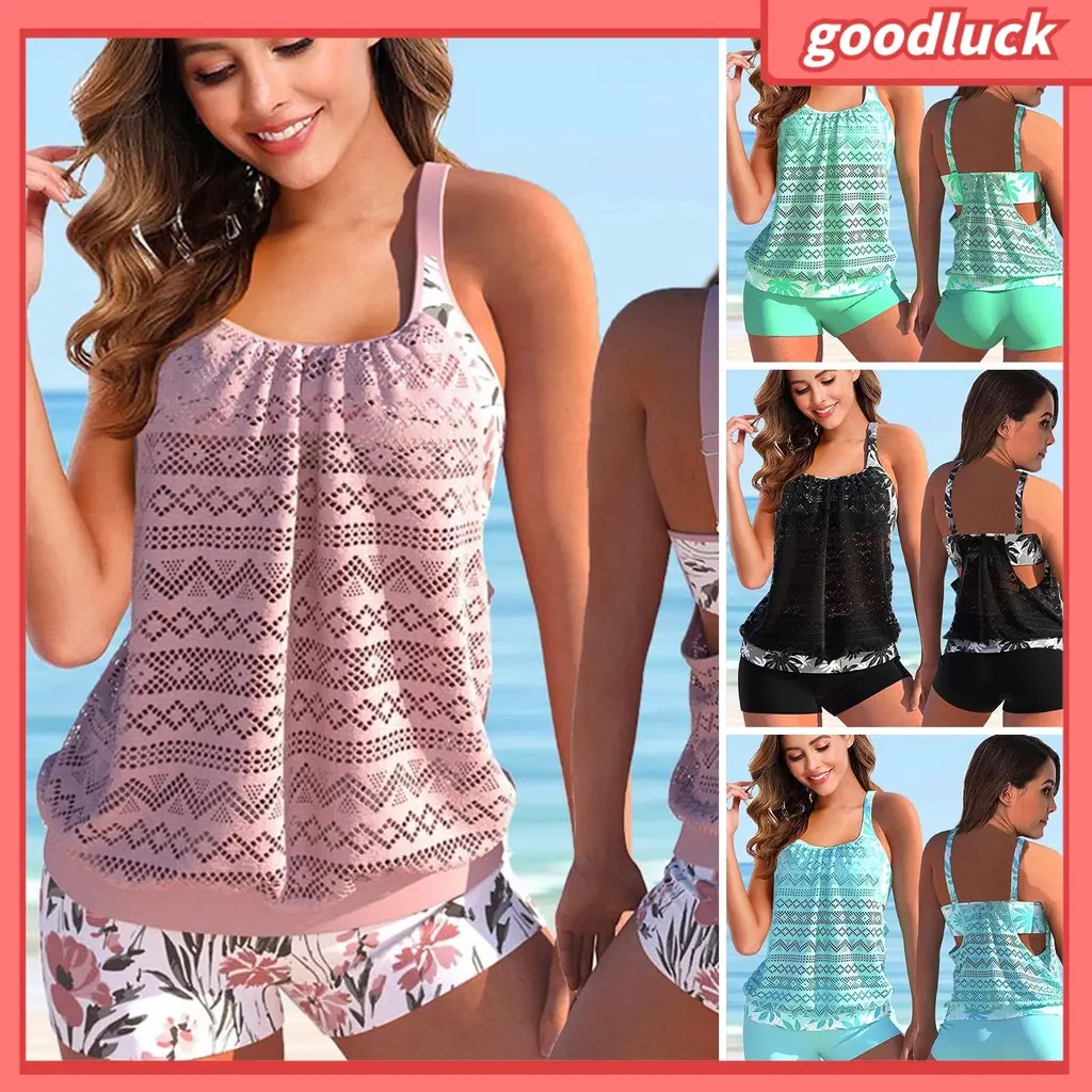2 Pcs/Set Beach Top Shorts Set Solid Color Geometric Pattern Hollow Out Plus Size Loose Swimming Breathable Adjustable Straps Lady Swimwear Bikini Beach Garment