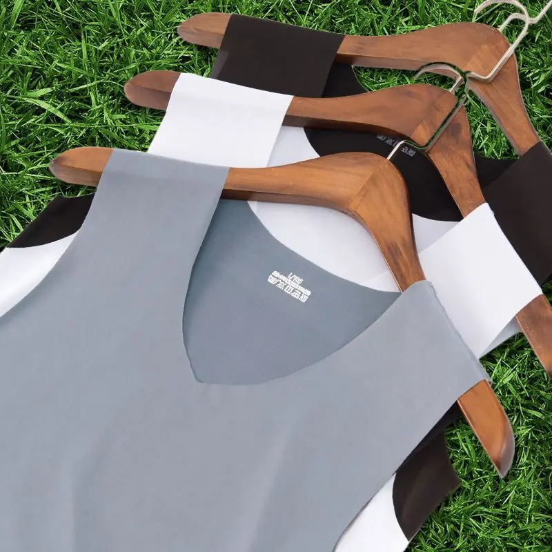Áo Vest Lụa Lạnh Không Đường May, Dành Cho Nam Giới, Có Thể Mặc Bên Trong Mùa Hè, Thích Hợp Cho Thể Thao Cơ Sở, Không Tay, Áo Lót Trắng, Thời Trang, Mỏng, Cỡ Lớn 1