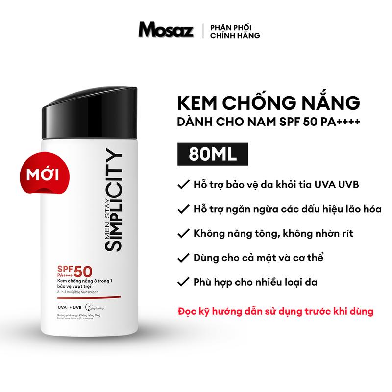 Kem chống nắng dành cho nam SPF 50 PA+ ++ + Men Stay Simplicity Invisible Sunscreen 80ml