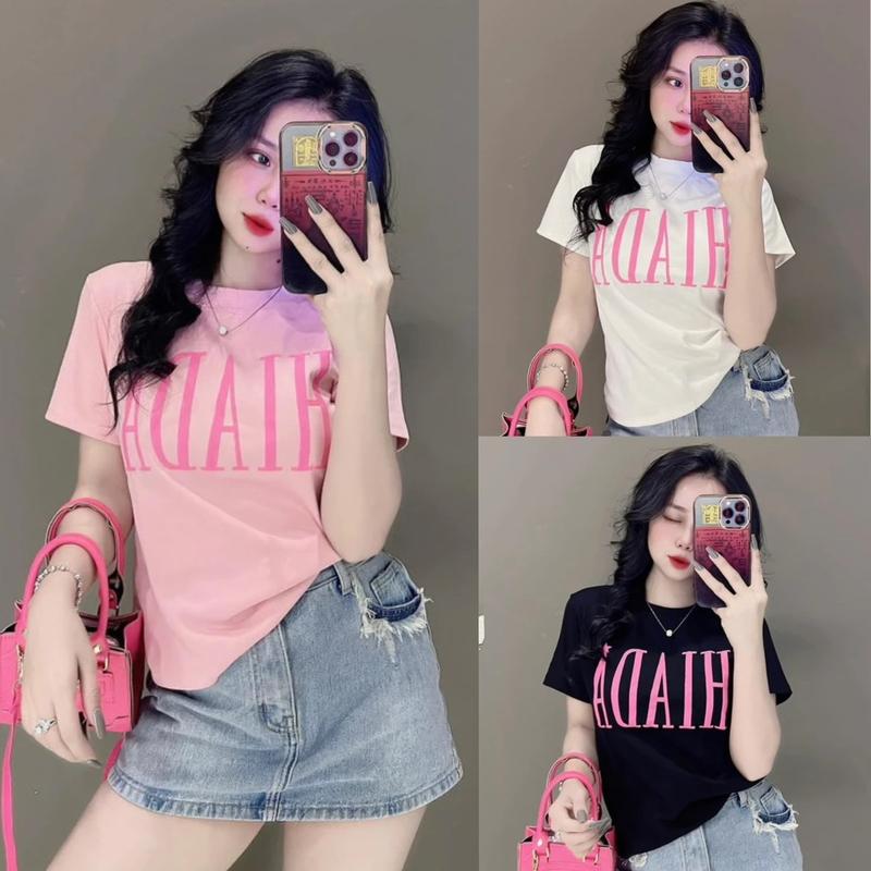 Áo thun nữ cổ tròn tay ngắn dáng ôm Phom Ôm body phối hình chữ nổi Mã hiada Top women