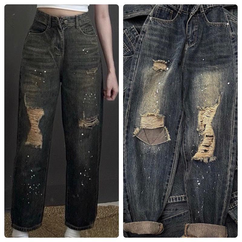 Product Introduction of (Bigsize 80kg) Quần Jean Boy Nữ Rách Gối Vẩy Sơn Lưng Chun, Quần Jean Baggy Women 28
