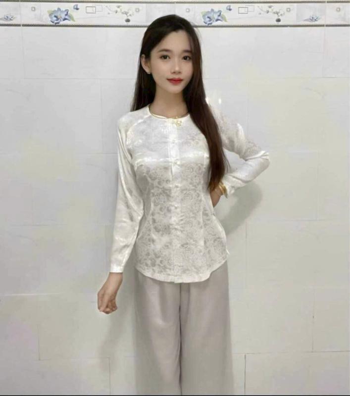 SET BÀ BA GẤM TAY DÀI CỔ TRÒN NÚT NGỌC 7