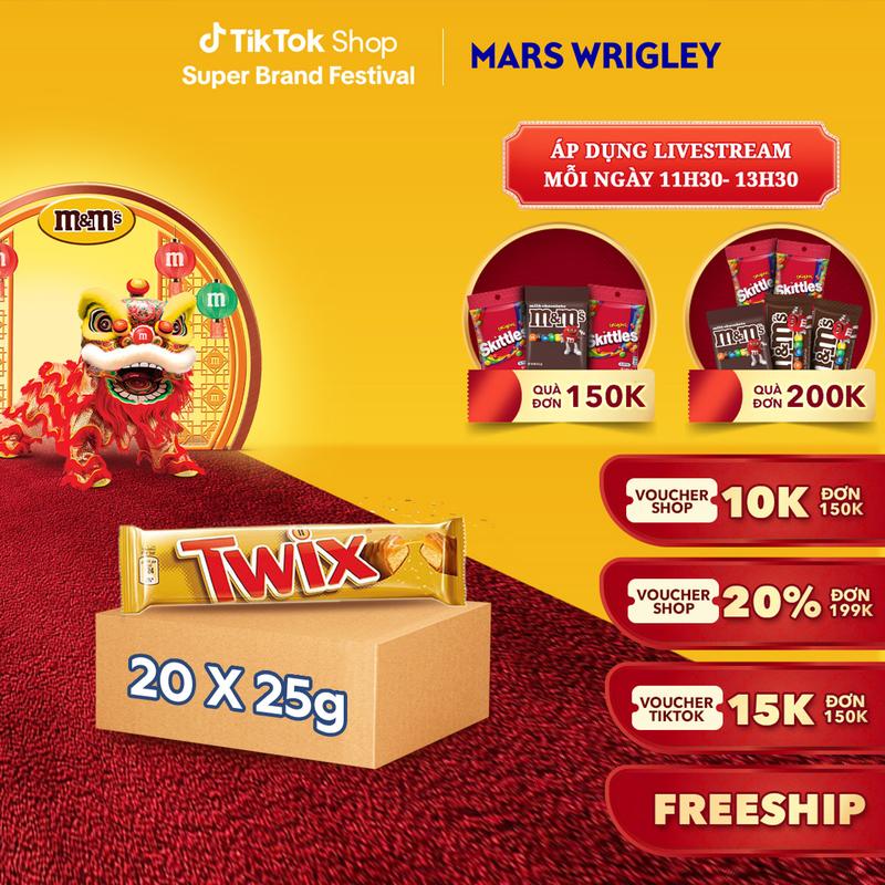  Combo 20 Thanh bánh quy Twix phủ  Chocolate Sữa và Caramen 25g 