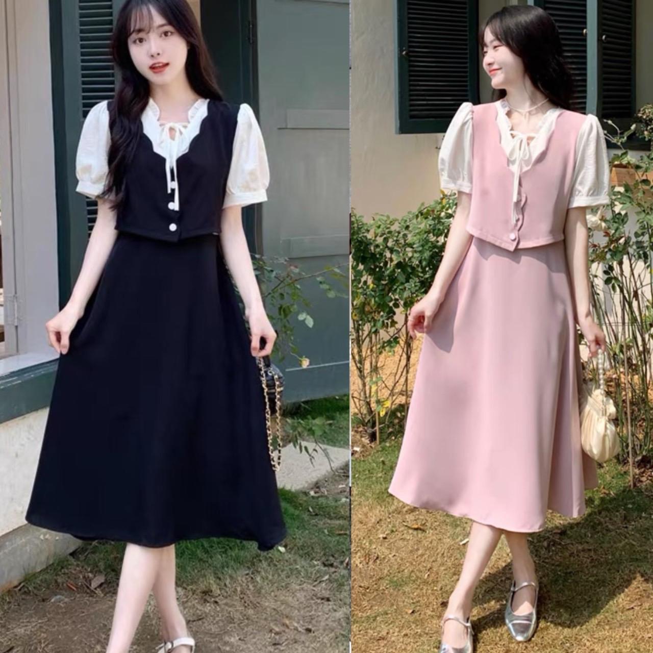 Thời Trang Bigsize Set Váy Áo Dự Tiệc Vải Cotton Lạnh 50 - 100Kg Dễ Thương Nữ Dress Đen - B.1158