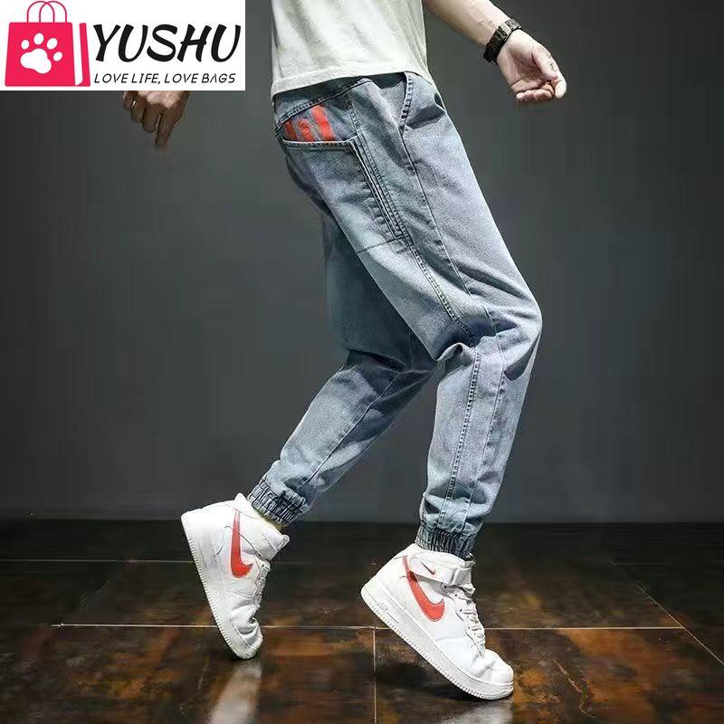 Men's jeans Korean trend summer style jeansloose light color casual workwear Harlan jeans loose stitching cropped trousers 7