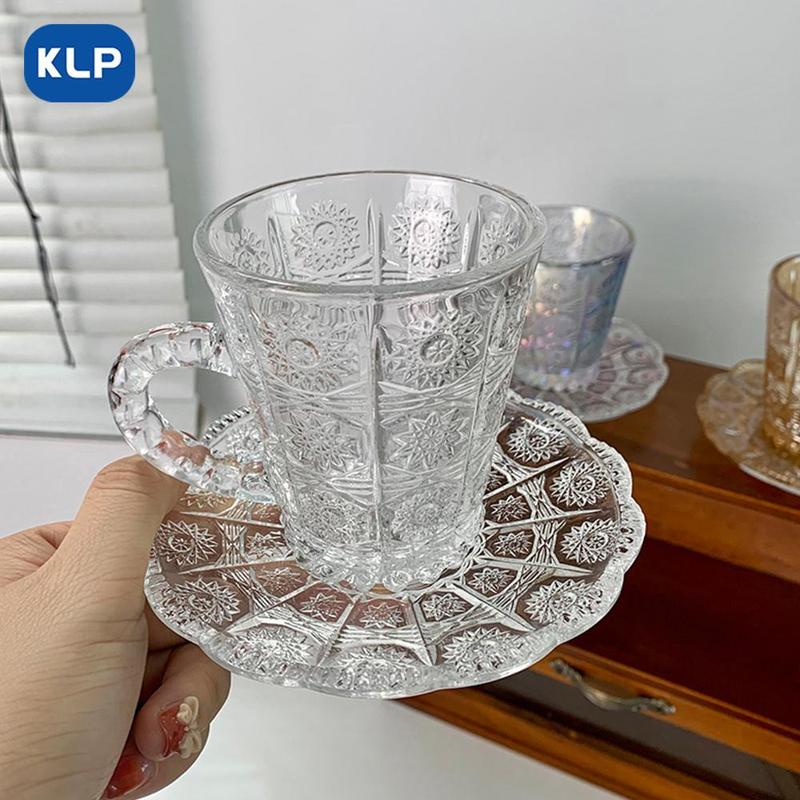 Vintage Glass Saucer & Coffee Cup Set, 2pcs Afternoon Tea Cup & Sauser Set, Glass Tumblers, Household Coffee Mug Set, Glass Drinkware for Home Use 4