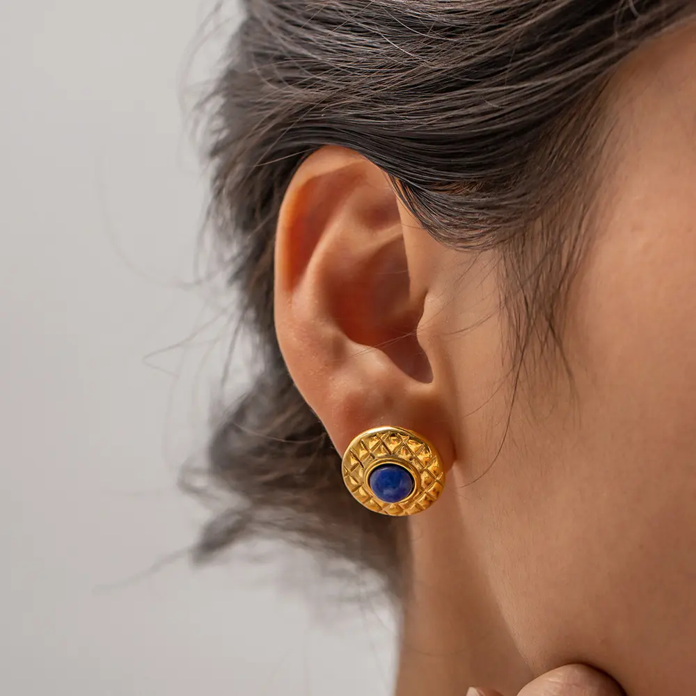 European and American New Ins Style 18K Stainless Steel Plaid Inlaid Lapis Earrings High-Grade Trendy Fashion Joker Earrings