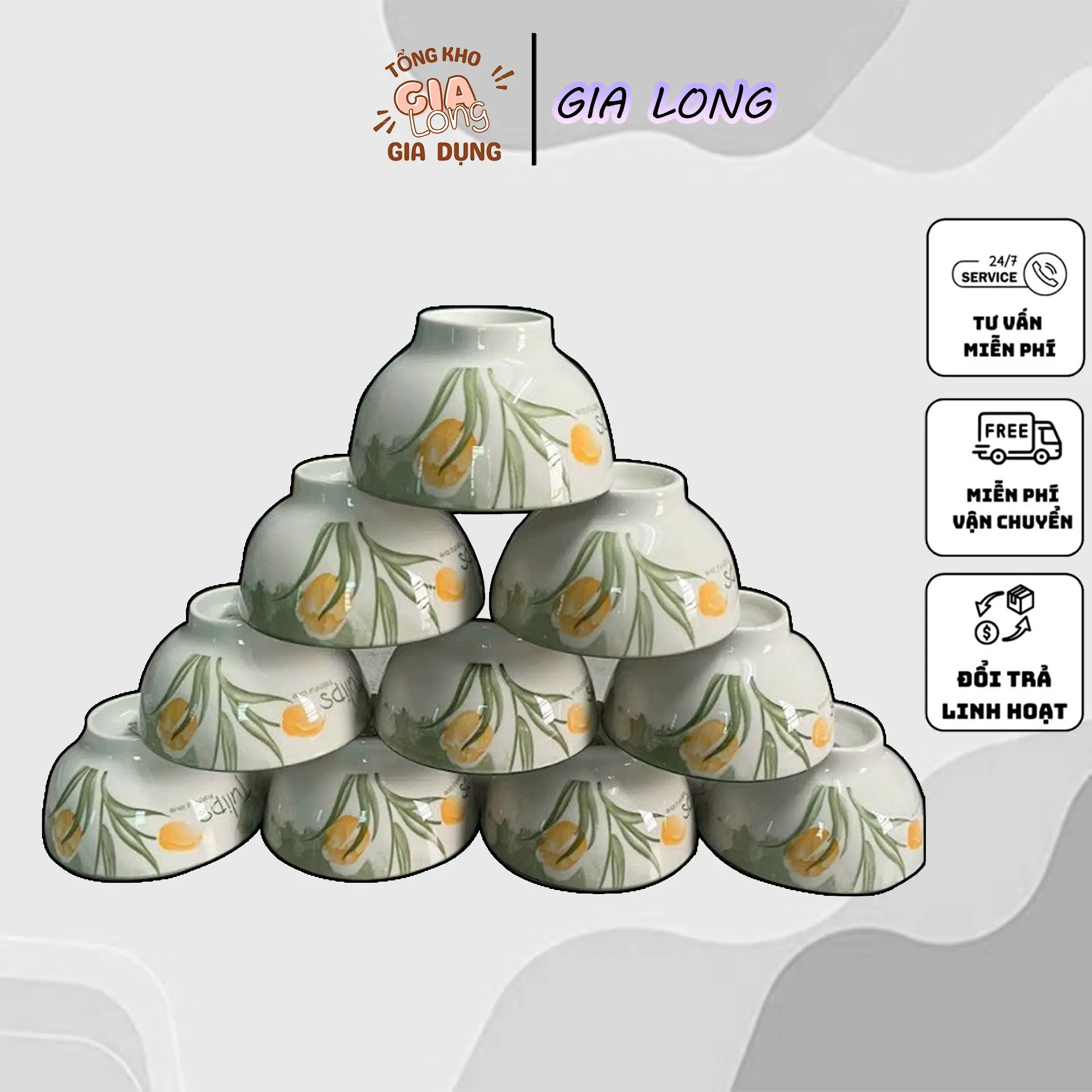 Bộ 10 bát chén TULIPS ăn cơm gốm sứ cao cấp hoa văn 4D sang trọng