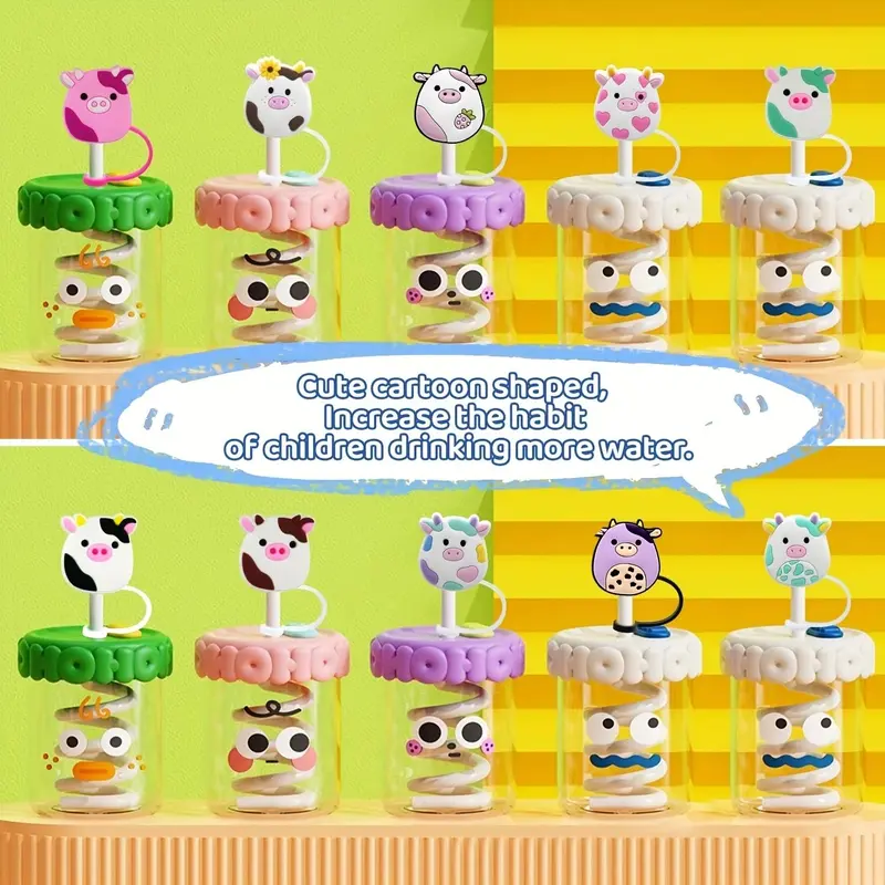 Cute Cartoon Animal Design Straw Lid, 4pcs/6pcs Reusable Silicone Straw Tip Cover for 7-8mm Straw, Drinkware Accessories 8