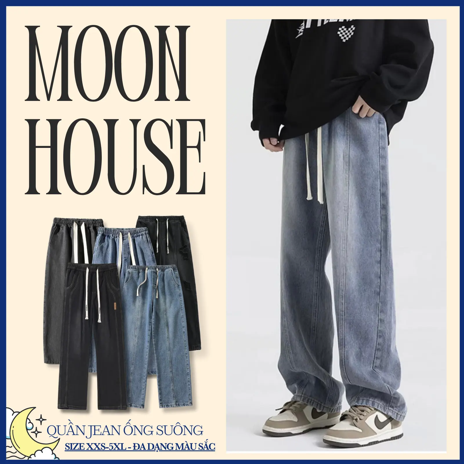 Quần jean chun bản to form rộng bigsize MOON HOUSE mã 09;03;N9 dành cho nam nữ dễ dàng phối đồ Menswear Pants