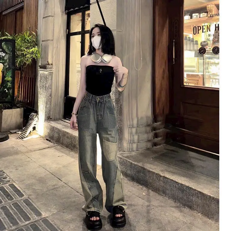 Quần Jeans Nữ Ống Rộng Phối Màu xinh cá tính 3