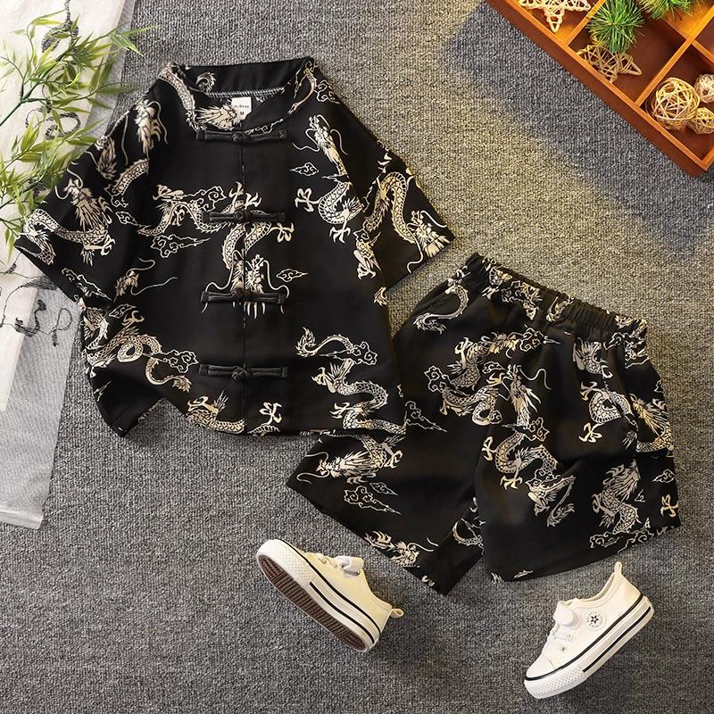 Bộ Áo Sơ Mi Hanfu Lụa Mango Ngắn Tay + Quần Short Họa Tiết Rồng Cho Bé Gái Và Bé Trai Phong Cách Sành Điệu Thời Trang Mùa Hè