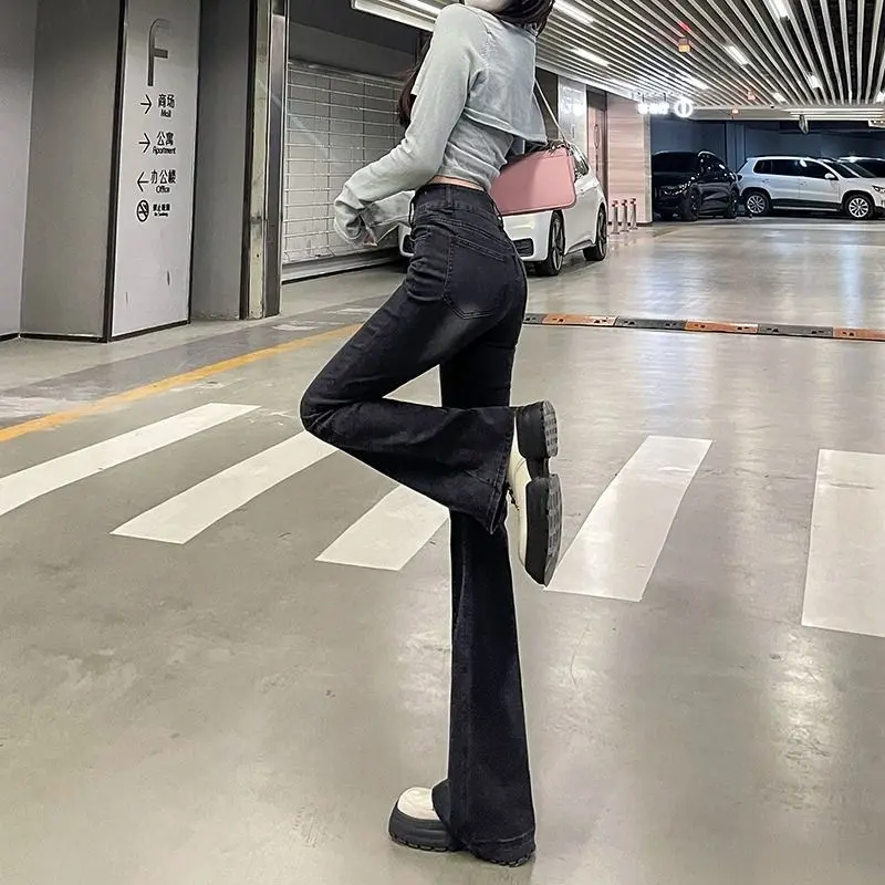 Quần Jean Bootcut Cạp Cao Màu Xám Đen, Dành Cho Nữ, Bộ Sưu Tập Xuân Thu, Hàng Mới Về Cho Mùa Thu / Đông, Ôm Sát, Quần Legging Dễ Phối Đồ Ins, Năm 2024 Women Lưng Cao Pants 4