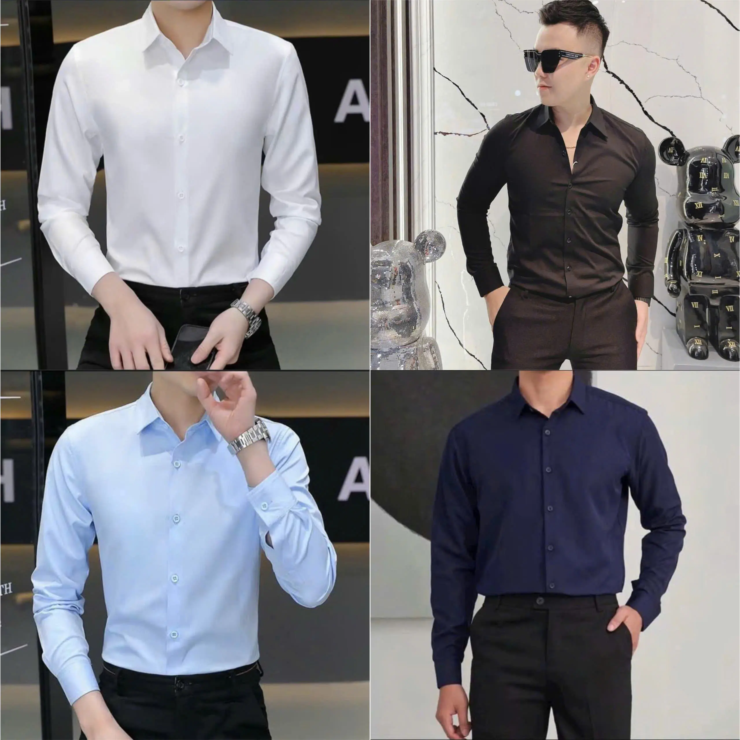 Áo sơ mi nam nữ tay dài lụa trơn màu trắng đen xanh xám vải lụa mềm mịn Menswear Shirt Kate