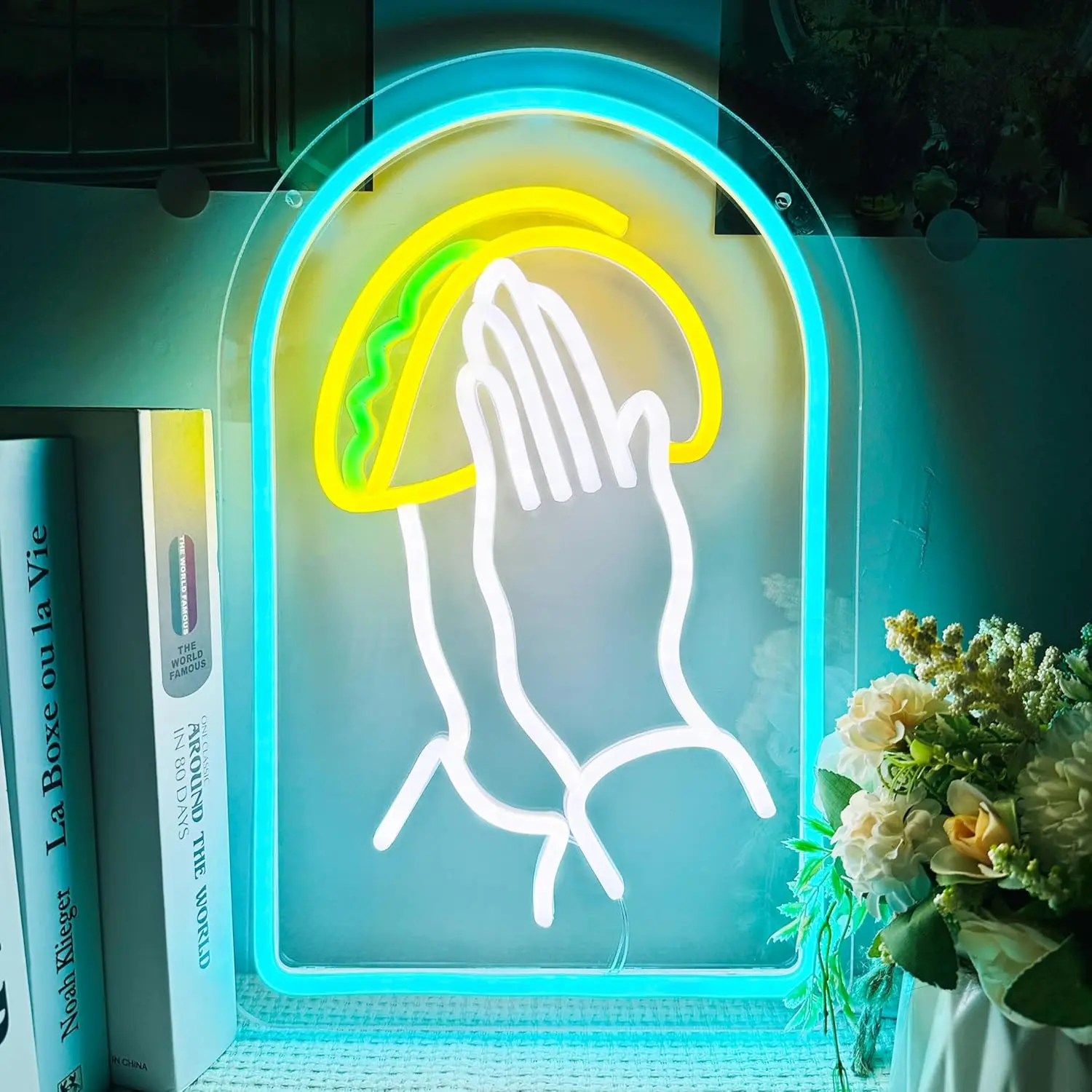 Praying Hands Holding Taco Neon Sign, 1 Count Creative Design USB Powered LED Neon Light, Mexican Food Shop Wall Decoration, Business Neon Decorative Light for Taco Store, Gifts for Taco Lover