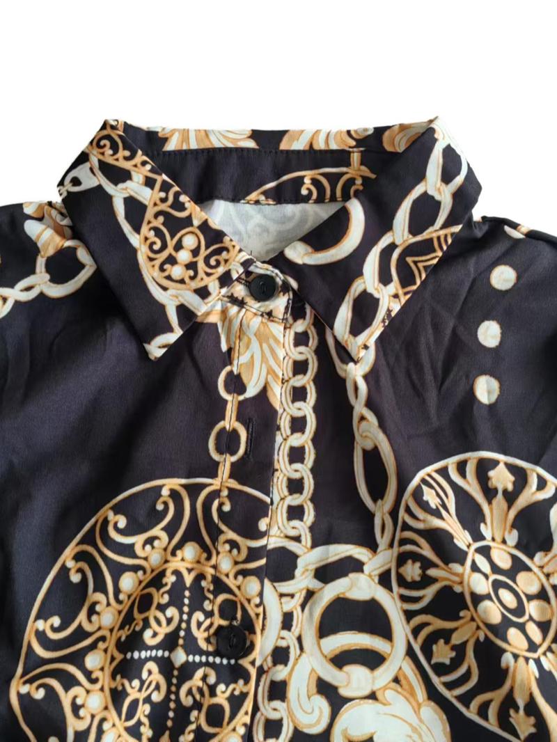 Product Introduction of Women's Baroque Print Button Front Shirt, Elegant Long Sleeve Collared Top for Fall & Winter, Ladies Clothes for Daily Wear 5