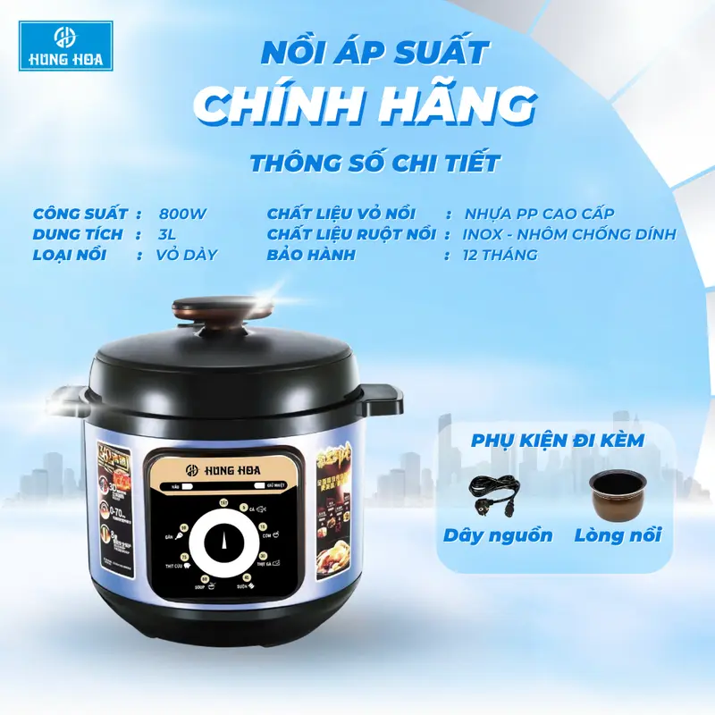 Nồi Áp Suất Chính Hãng 1.5 lít Hùng Hoa: Nắp nồi chống bỏng; 12 chức năng nấu; Tiết kiệm thời gian, tiết kiệm điện; Kiểm soát nhiệt độ tự động; Tặng kèm túi vải cao cấp hoặc Hộp đựng thức ăn + Muôi xới cao cấp 1