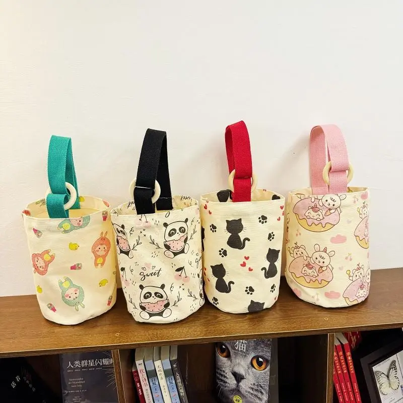 Túi vải canvas đựng bình ly giữ nhiệt có quai xách cute, Túi đựng bình hoạ tiết hoạt hình gấu trúc xinh xắn 2