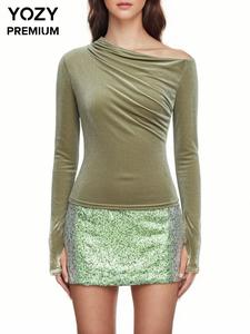YOZY Women's Plain Ruched Asymmetrical Neck Velvet Tee, Casual Long Sleeve T-shirt for Spring & Fall, Women's Clothing for Daily Wear