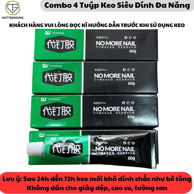 Combo 4 tuýp keo siêu dính No More Nail 60g siêu dán tường dán kim loại gỗ thuỷ tinh nhựa chống thấm nước chịu nhiệt ( không dùng cho tường sơn, xi măng, giày dép đồ da )