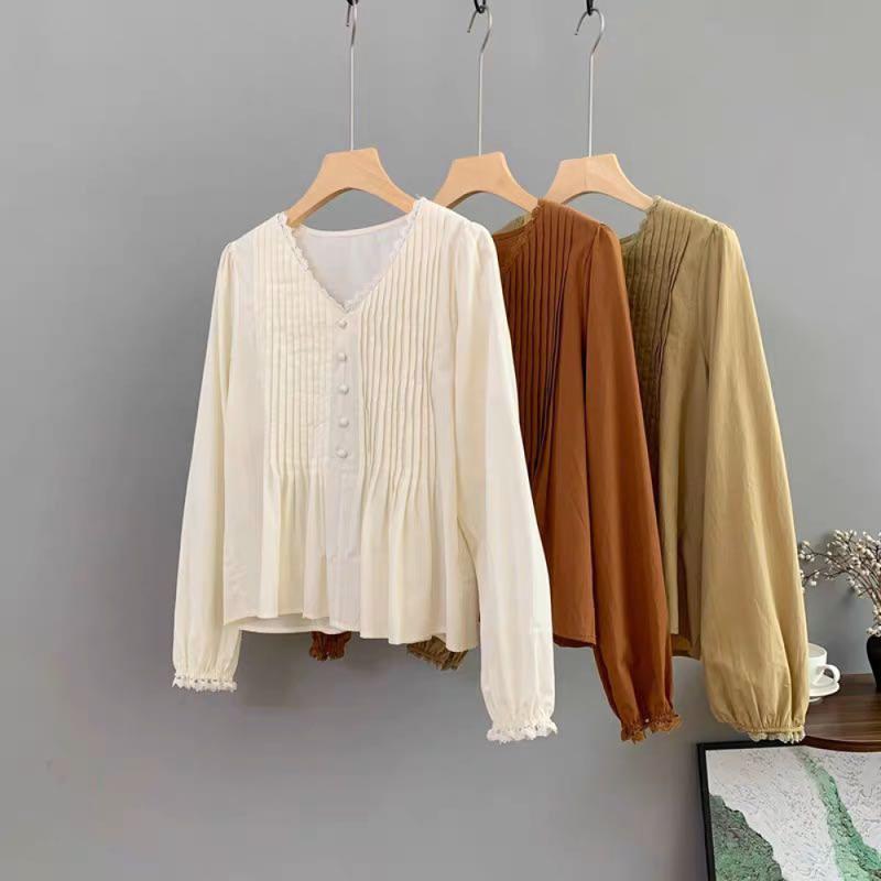 Product Introduction of CHICMORE Atasan Kemeja lipit desain retro Lengan Panjang Gaya Modis Untuk Wanita 4