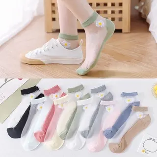 3&6 pasang Kaos Kaki Pendek Wanita Transparan Motif Bunga Daisy / Kaos Kaki Ankle Cute Semata Kaki Korean Import / TS-35 0