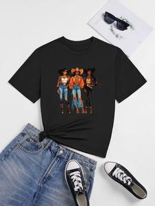 ImprinTee Women's Figure Print Round Neck Graphic Tee, Vintage Trendy Casual Short Sleeve T-shirt for Daily Wear, Ladies All Seasons Outfit