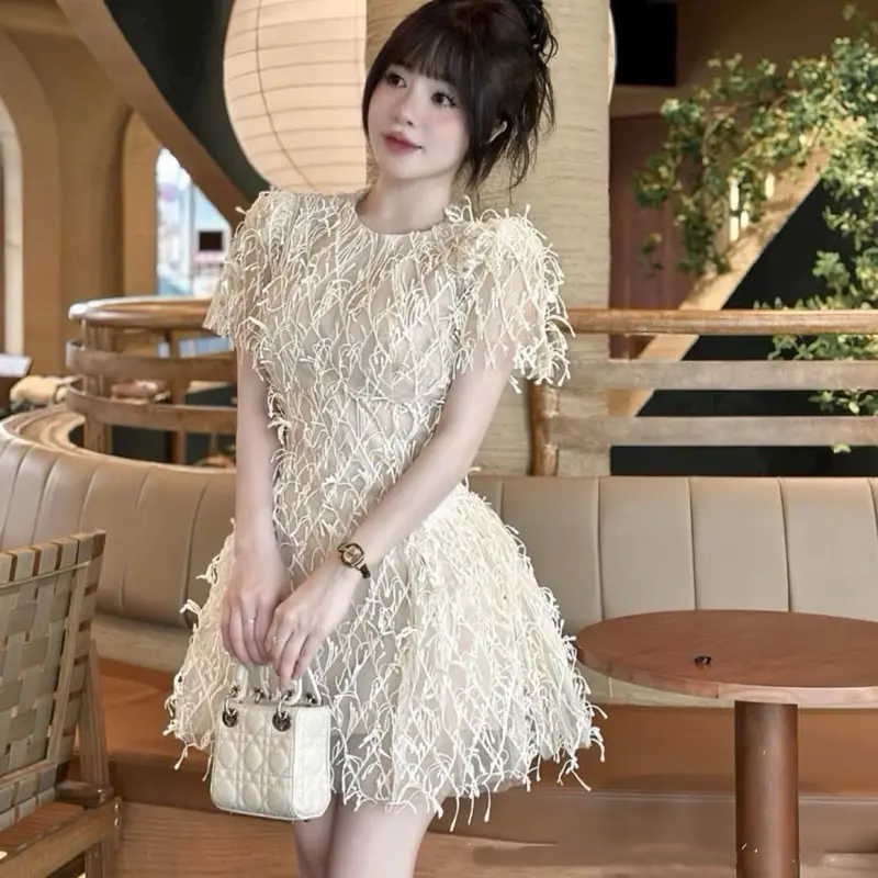 HĐ - Váy Thiết Kế Váy Tua Rua Một Màu Duy Nhất  - V3299 Nữ Women đầm trắng