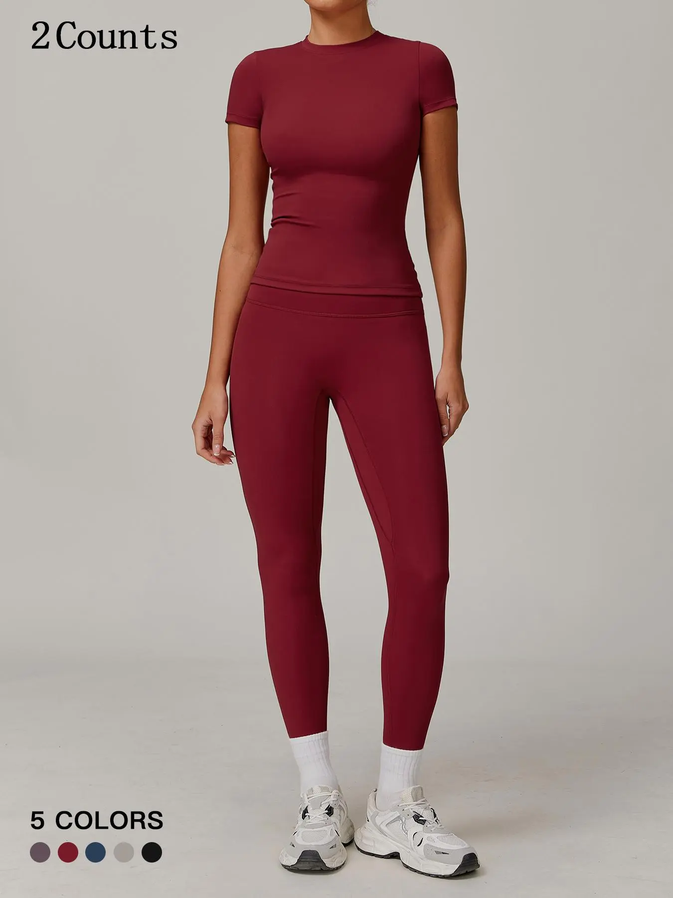 Women's Solid Ribbed Long Sleeve Tee & Leggings Two-piece Set, Casual Comfy Round Neck Top & Skinny Pants for Daily Wear, Ladies Summer Clothes