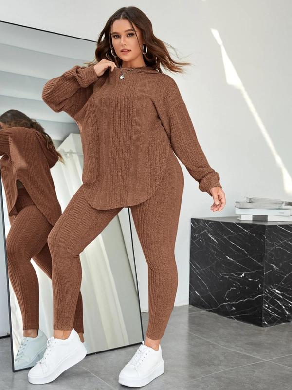 Plus Size Two-Piece Set Solid Split Hem Hoodie & High Waist Skinny Pants Set, Casual Fashion Drop Shoulder Long Sleeve Top & Trousers, Women's Two-piece Outfits 1
