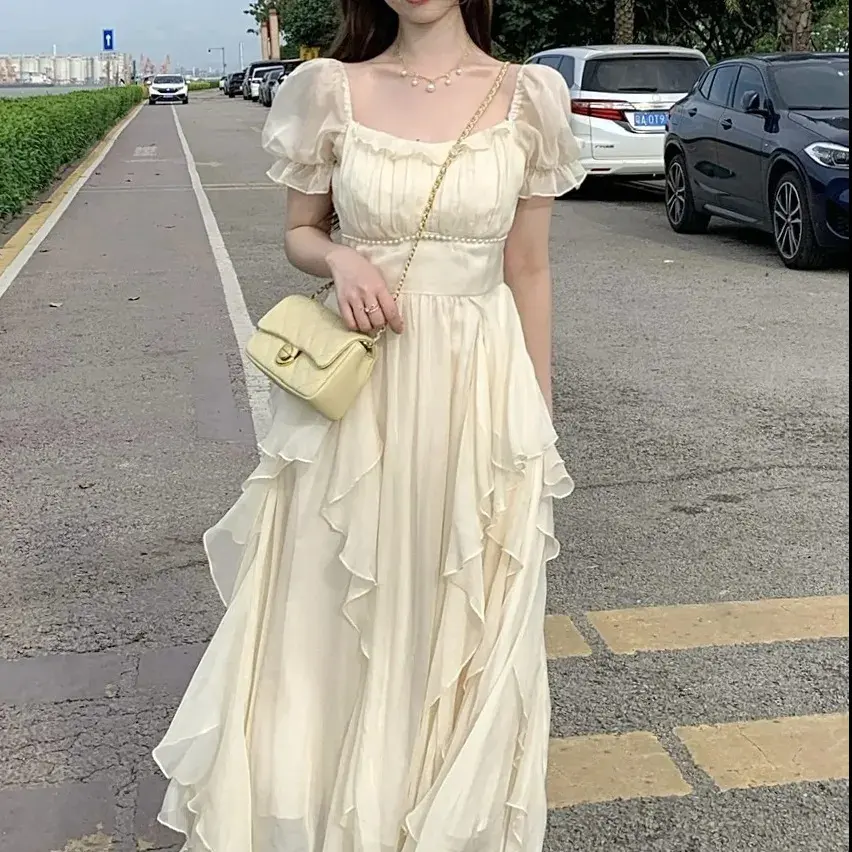 Misty Frost White French Fairy Waist-Tight Temperament Dress Female  Temperamental Fairy High Sense Princess Chiffon Dress Sun Protection