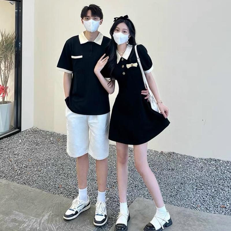 Set đồ thun cặp đi dạo phố đen phốiii nơ dễ thương - YH Couple Áo váy đôi