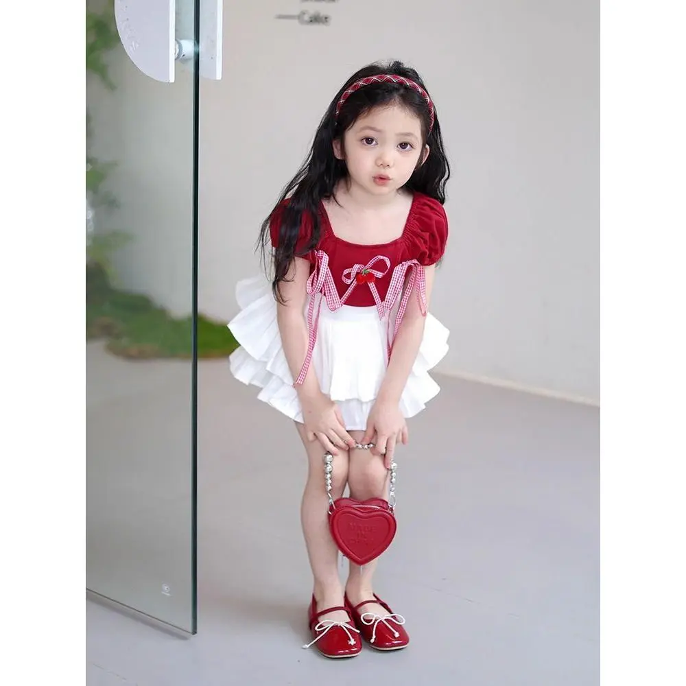 Girls' 2024 Summer New Bow Red Cherry Top Cake Dress Suit Cute Sweet South Korea