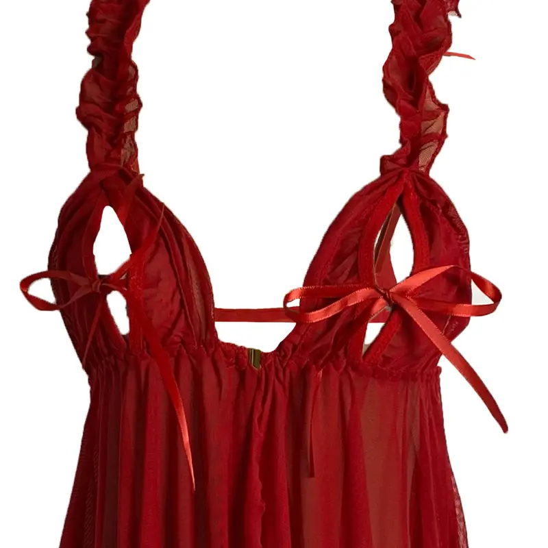 [ RedPink ] Lingerie Dress New Version Dinas Nightwear Transaparan Style Hot Sexy Dewasa Edition Front Open Bra With Pita Beatiful Strap Pundak Renda Mid Back Strech Free G-String Sifon Premium Soft Import Quality XDW 4