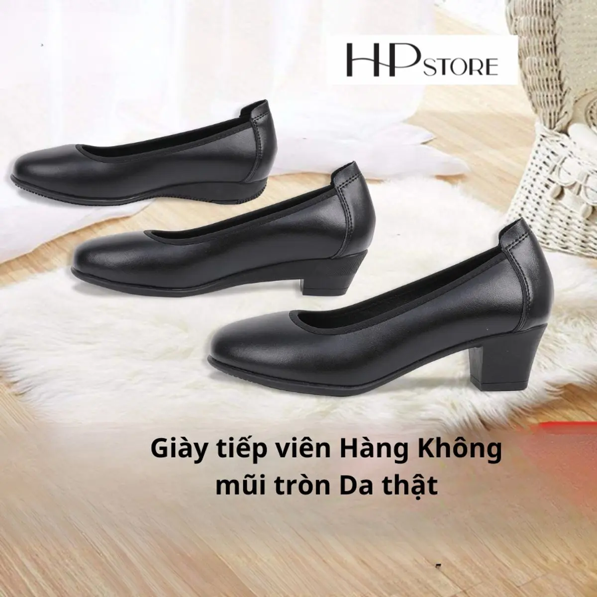 Giày Tiếp Viên [DA THẬT]  Mã HP01 Hàng Không Công Sở Văn Phòng Nữ Mũi Tròn Gót Vuông  HP Store Cao Su Shoes