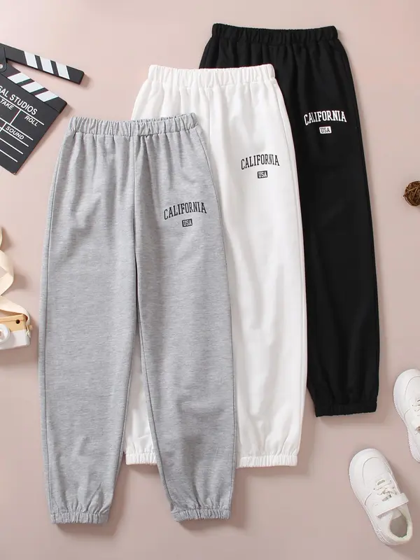 Girl's Letter Print Elastic Waist Pants, Casual Comfy Trousers for Daily Outdoor Wear, Girls Bottoms for Spring Fall, Kids Clothes 2