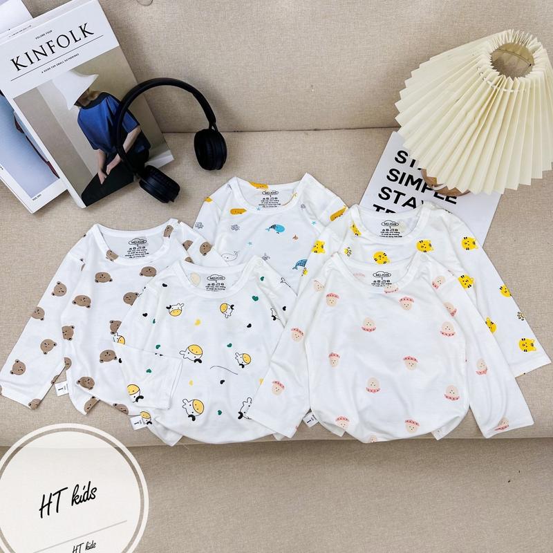 Sét 5 Áo Dài Thun Lạnh Cài Vai Hoạ Tiết Trắng Mềm Mát Co Giãn Cho Bé 4kg -14 kg Hoodie áo  thun