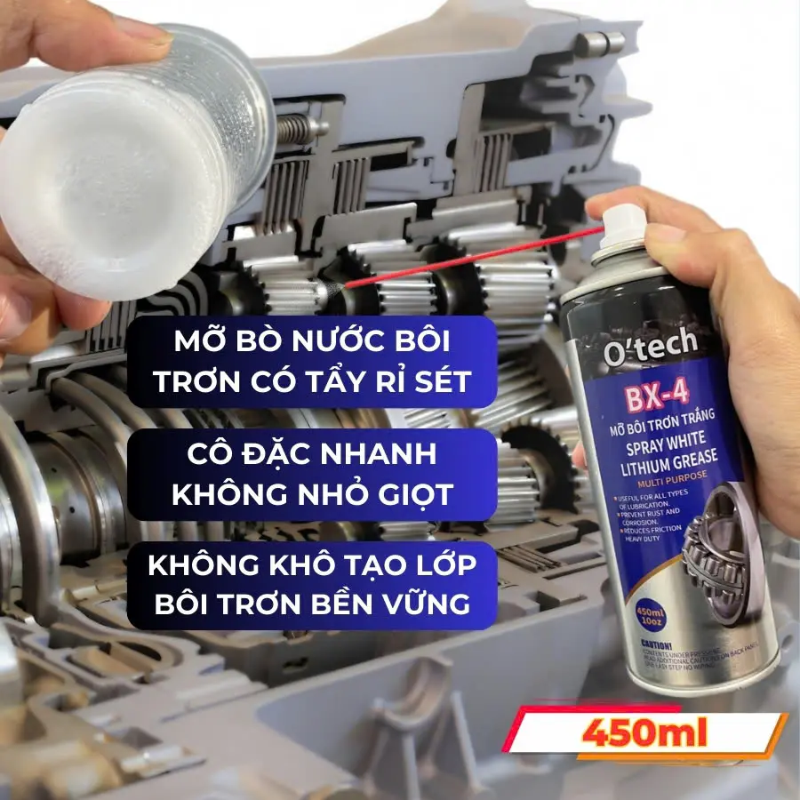 Xịt mỡ bò nước mỡ bôi trơn trắng chịu nhiệt, có tẩy rỉ sét O’tech BX-4 Lithium White Grease mỡ bò skf