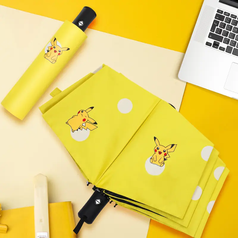 New Cute Cartoon Pikachu Vinyl Sunshade Umbrella for Children, Portable Foldable Rain or Shine Umbrella for Students