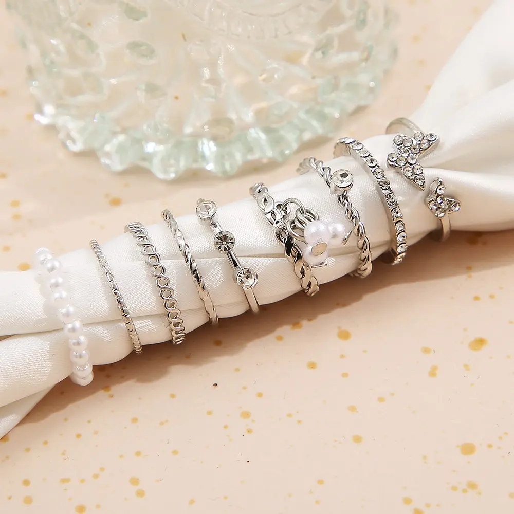 [9Pcs] Jual Set Cincin Silver Mewah Untuk Wanita Aksen Berlian Imitasi dan Mutiara Adjustable Cincin