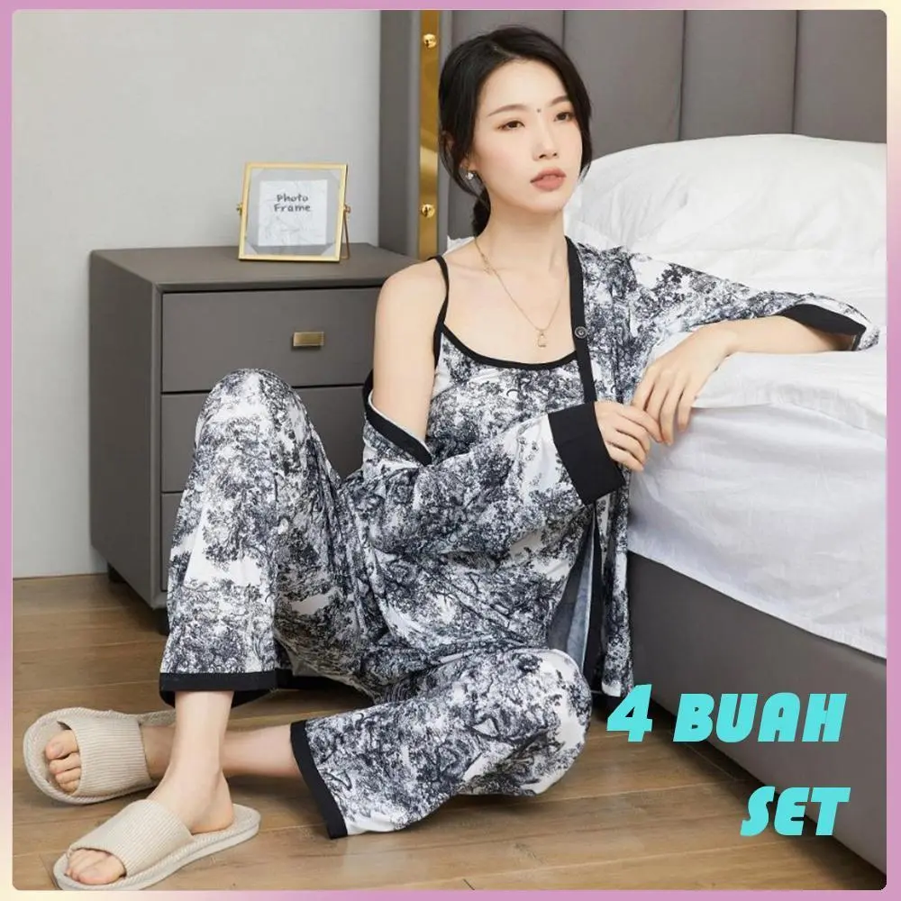 [COD] Set piyama kasual wanita 4-in-1 tipis sutra es cetak tinta gaya Cina setelan import piyama Celana Panjang