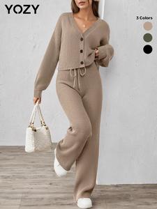 YOZY Women's Solid Button Front Drop Shoulder Top & Drawstring Waist High Waist Pants Two-piece Set, Casual Fashion Cozy Two Piece Outfits for Daily Outdoor Wear, Women Clothes for Fall & Winter