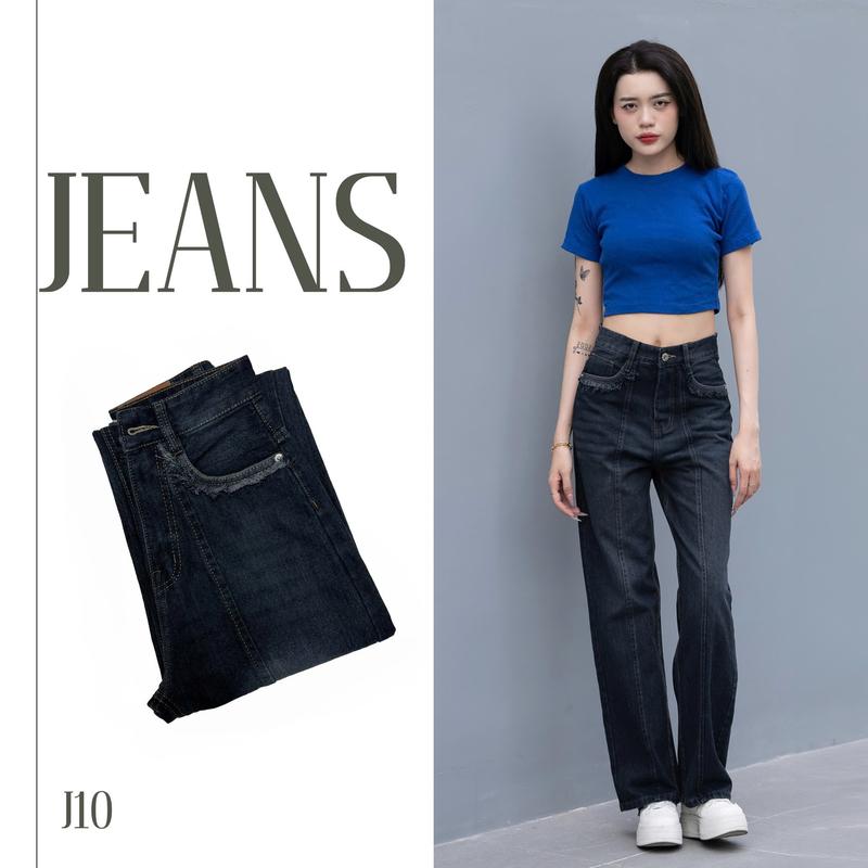 (J - 10) Mẫu Quần Jean Nữ Nhã Yến Fashion , điểm nhấn hoạ tiết rách viền 2 bên túi trước , dập line giữa tạo cách điệu cho chiếc quần với gam màu đen wash xám khói Women Kem