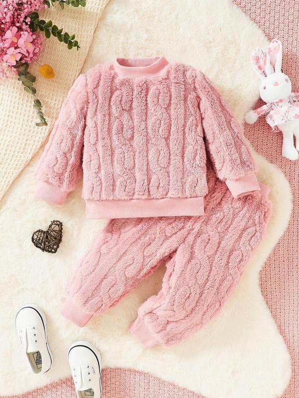 Baby Girl's Solid Plush Two-piece Set, Cute Casual Long Sleeve Round Neck  Pullover & Textured Pants Set,  Newborn Infant Kid's Clothes Gifts 0