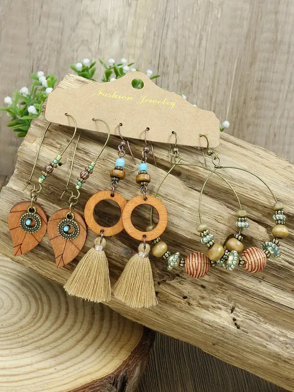 Boho Style Dangle Earrings Set for Women Girls, 12 Pairs Retro Style Hollow Pattern Flower & Leaf & Water Drop & Tassel Design Dangle Earrings, Fashion Jewelry, Exquisite Gifts 3