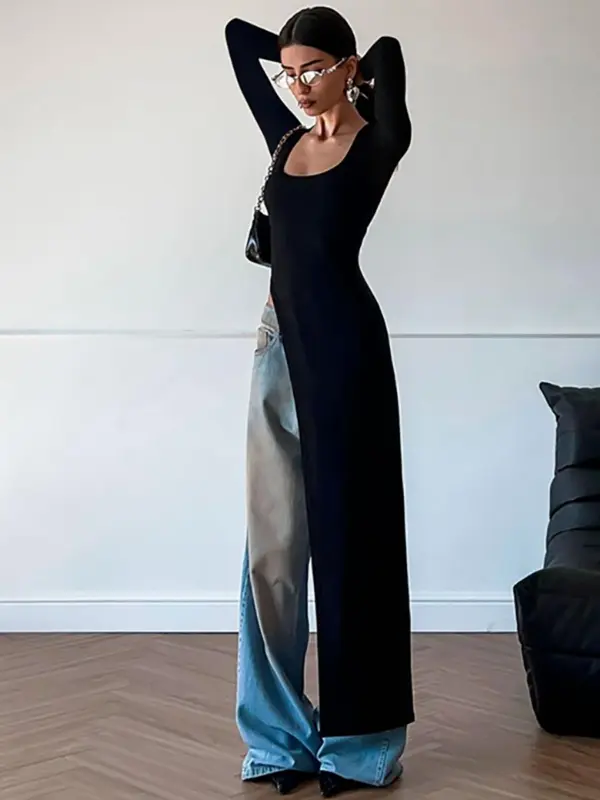 Women's Solid Asymmetrical Hem Scoop Neck Tee, Y2K Fashion Long Sleeve Longline Top for Party Club Holiday, Women Clothing for Fall & Winter 4