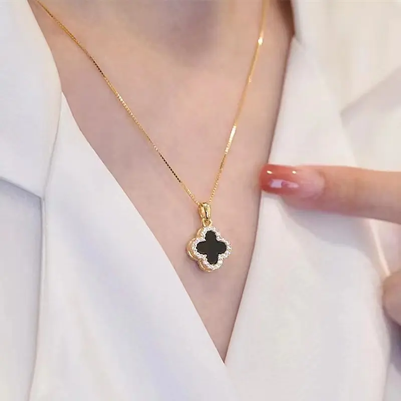 New Square Titanium Steel Double-sided Clover Necklace for Women with High Aesthetic Value, Fashionable Trend, Pendant, A Two Piece Accessory