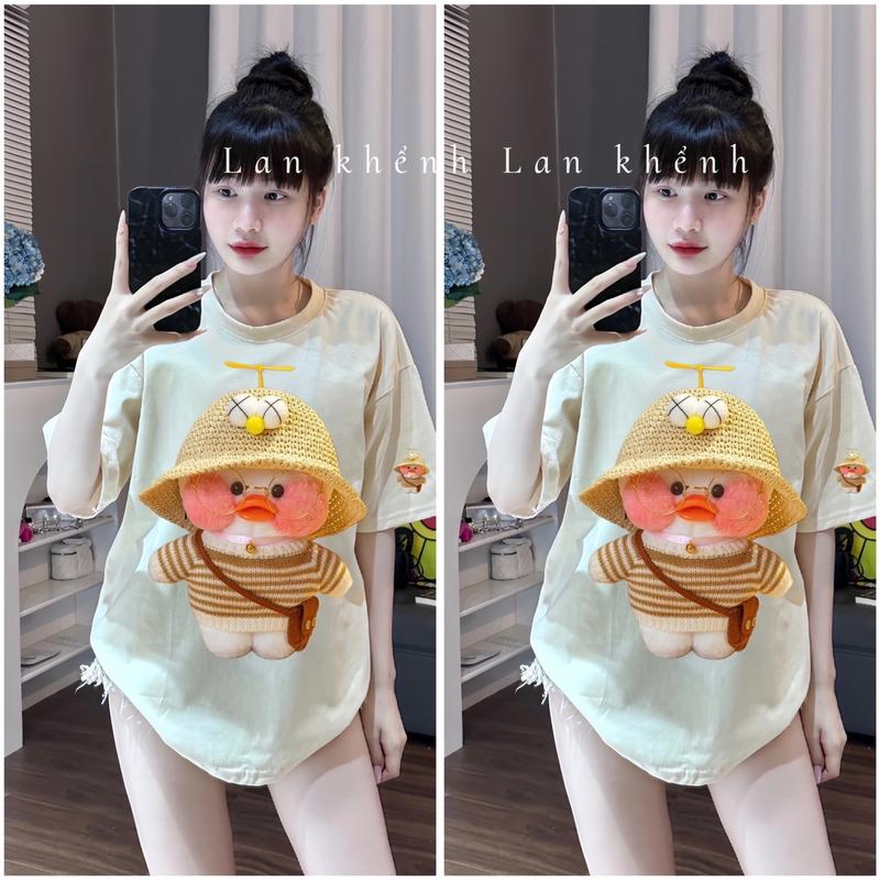 Áo phông in pét Vịt đội mũ vàng cotton mịn 4c Nữ Women