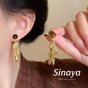 【Sinaya】Anting-anting rumbai mata harimau Maillard vintage bergaya Q1004