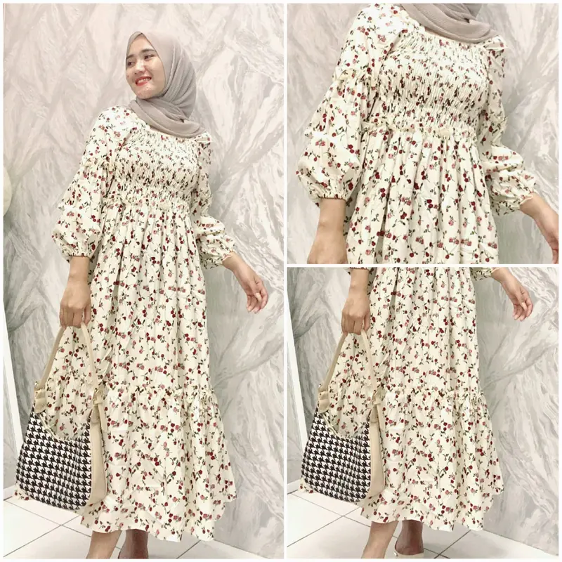 BEFA - Long Dress Andini Smock Sabrina Motif Kekinia Bahan Katun Mikro Casual Wanita Midi Panjang 1